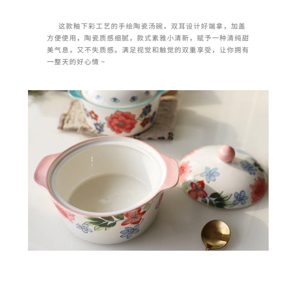 歐式純手繪陶瓷雙耳湯碗烤碗家用早餐碗可愛甜品碗泡麪碗帶蓋-細節圖8