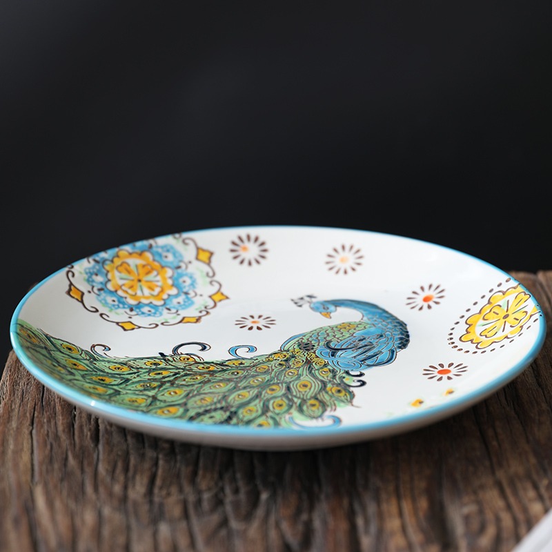 孔雀手繪陶瓷圓盤22釐米家用菜盤牛排盤圓形平盤點心大盤釉下彩-細節圖3