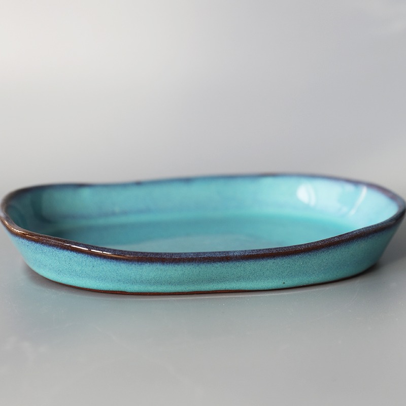 創意粗陶陶瓷沙拉焗飯淺口盤不規則手工創意長條橢圓盤日式料理盤-細節圖3