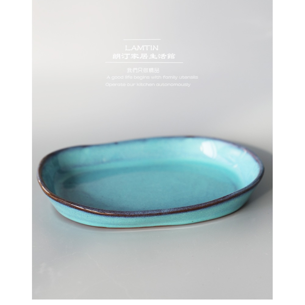 創意粗陶陶瓷沙拉焗飯淺口盤不規則手工創意長條橢圓盤日式料理盤-細節圖7