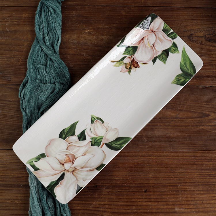 超美白玉蘭長方盤陶瓷盤子壽司盤家用微波爐菜盤釉下彩手繪盤-細節圖6