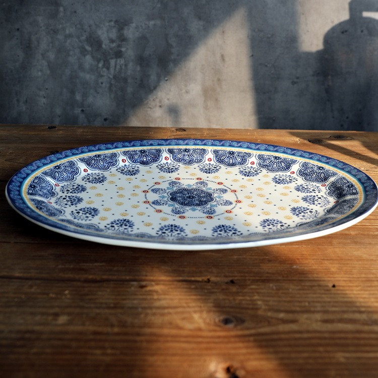 法式藍色碎花橢圓盤陶瓷長條盤日式料理點心燒烤BBQ盤魚盤-細節圖2