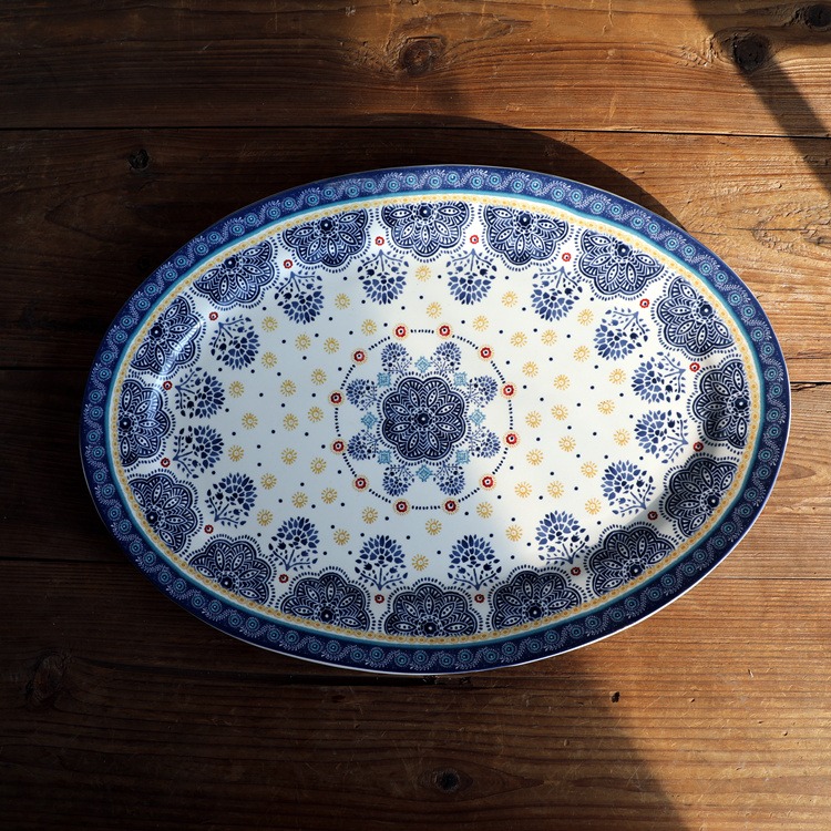 法式藍色碎花橢圓盤陶瓷長條盤日式料理點心燒烤BBQ盤魚盤-細節圖5