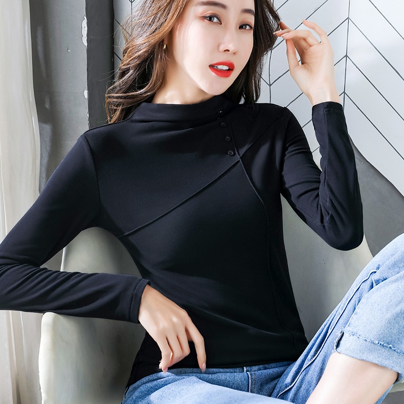 德絨半高領打底衫女年秋冬加絨新款百搭洋氣韓版秋冬長袖上衣-細節圖2