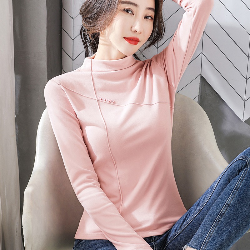 德絨半高領打底衫女年秋冬加絨新款百搭洋氣韓版秋冬長袖上衣-細節圖3