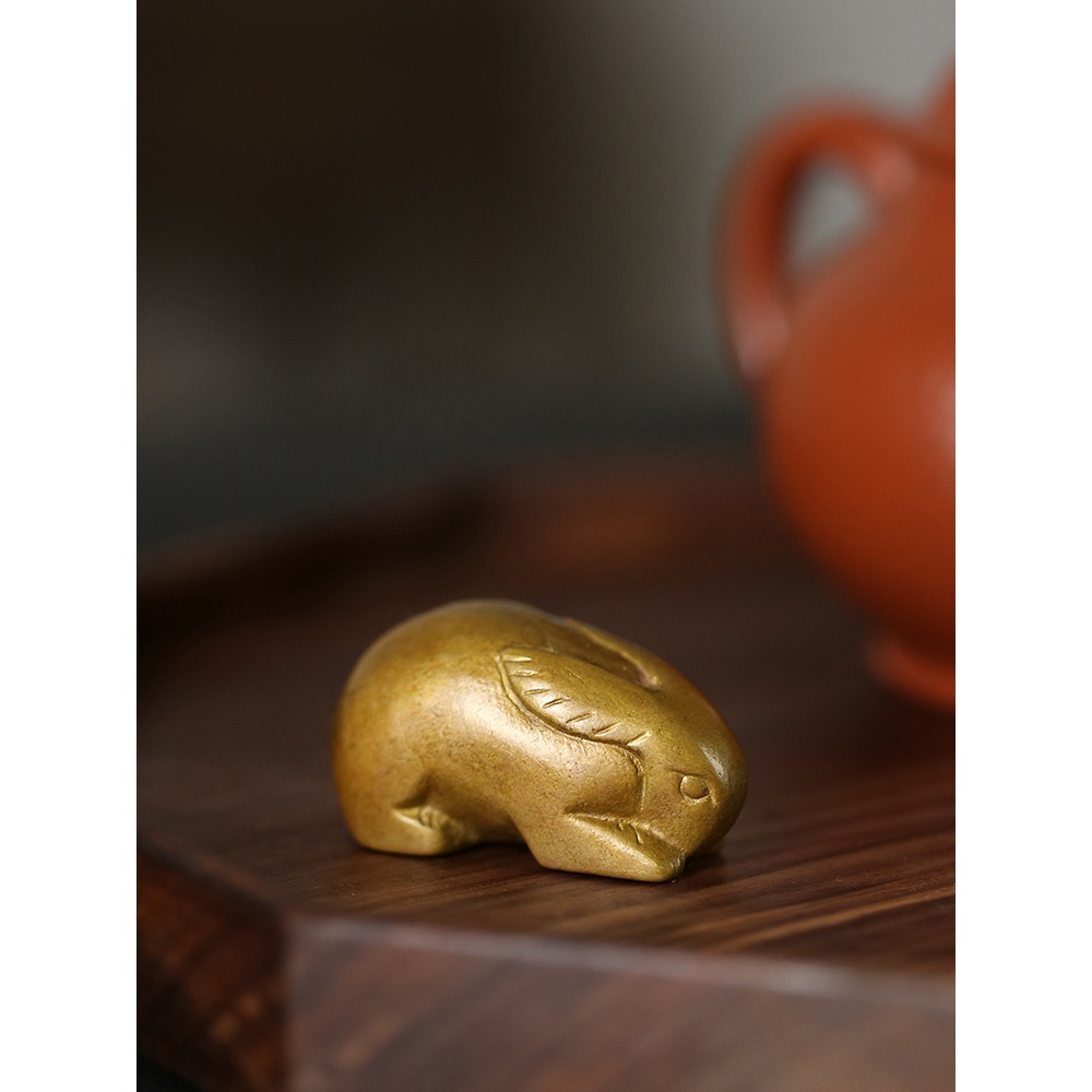 創意手工銅茶寵實心兔子小擺件茶玩文房鎮紙手把件功夫茶具零配件-細節圖2