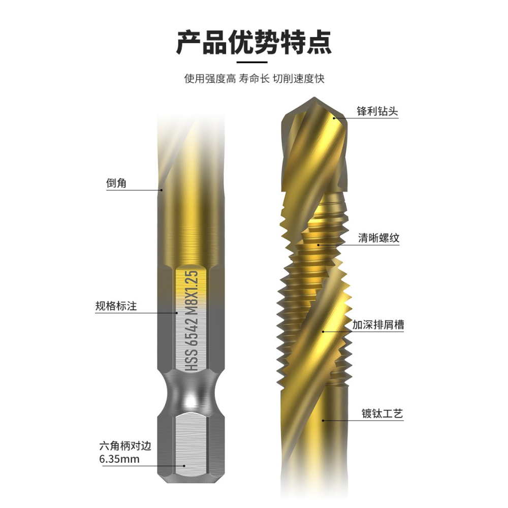 六角柄復合絲攻絲錐鉆頭鉆攻倒角一體螺旋機用絲錐M3M4M5M6M8M10-細節圖7