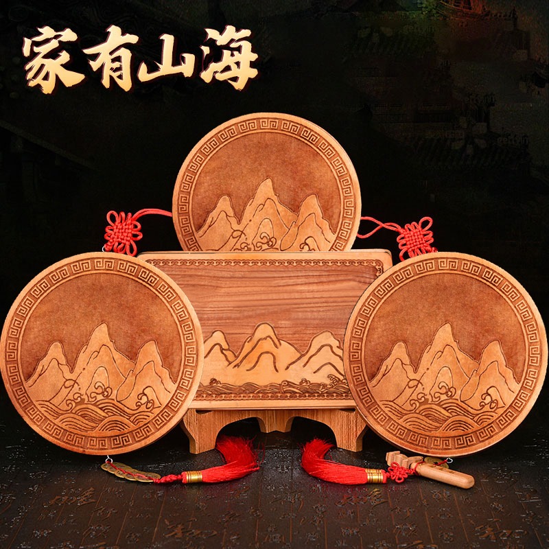 桃木木雕山海鎮八卦鏡凸鏡凹鏡室內外圓掛件客廳銅葫蘆五帝錢擺件-細節圖3