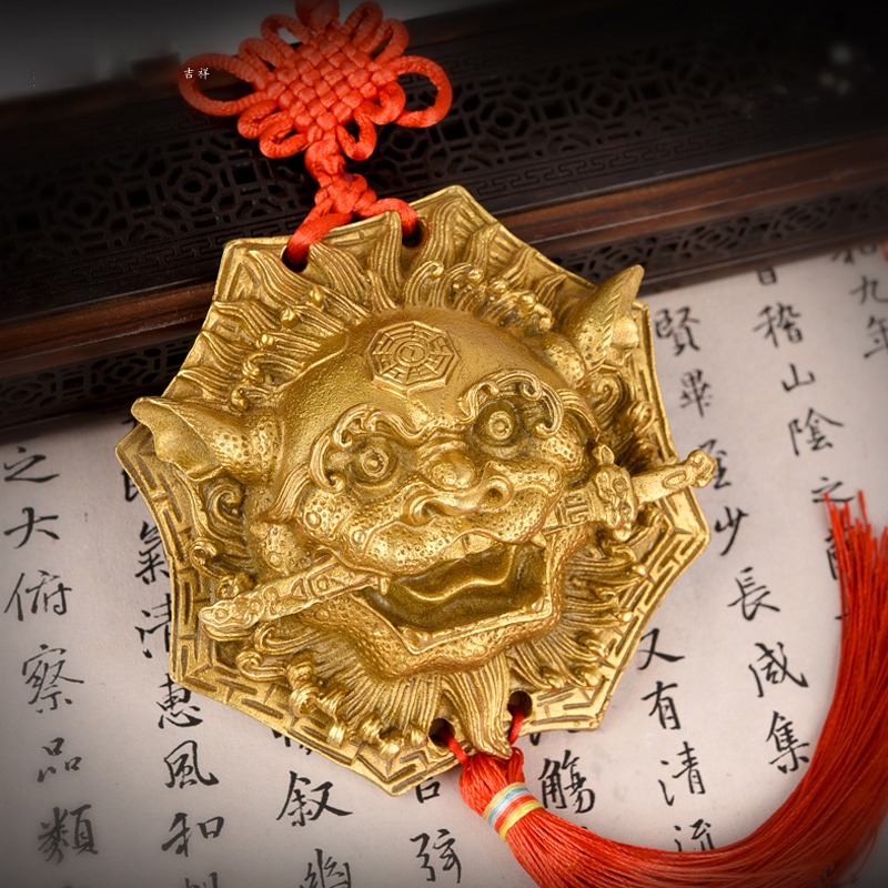 純銅獅咬劍掛件八卦鏡獅子睚眥獸頭大門房門裝飾家居擺件-細節圖3