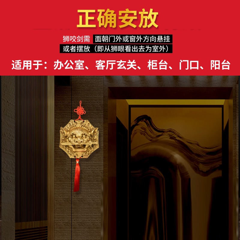 純銅獅咬劍掛件八卦鏡獅子睚眥獸頭大門房門裝飾家居擺件-細節圖5