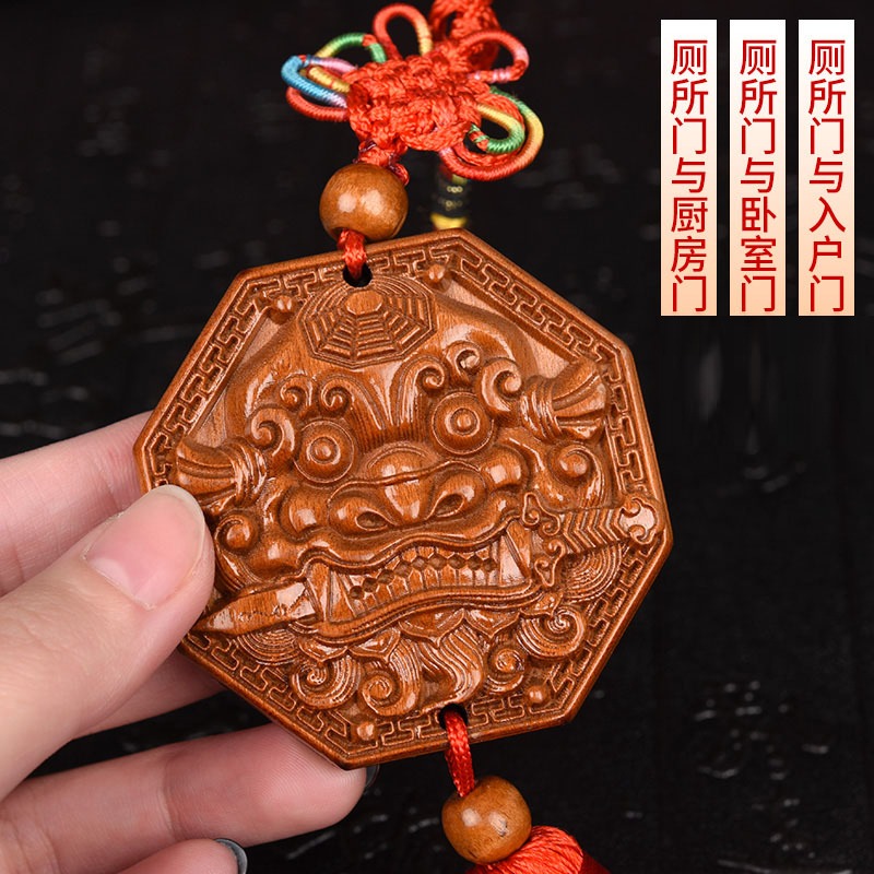 桃木獸頭獅咬劍虎頭八卦鏡凸鏡凹鏡廁所門對門家居大門用掛件-細節圖2