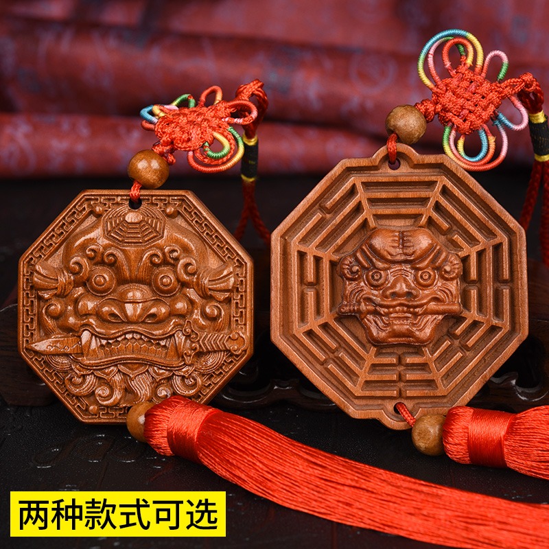 桃木獸頭獅咬劍虎頭八卦鏡凸鏡凹鏡廁所門對門家居大門用掛件-細節圖3