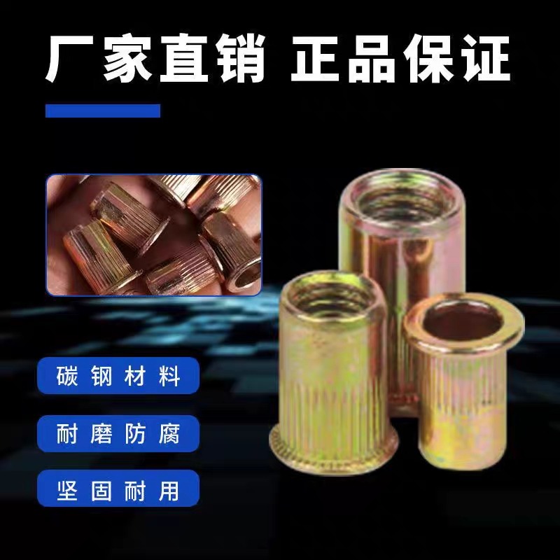 平頭豎紋鉚螺母拉鉚螺母鐵鍍彩鋅大邊滾花拉帽普彩平頭豎條紋螺母-細節圖2