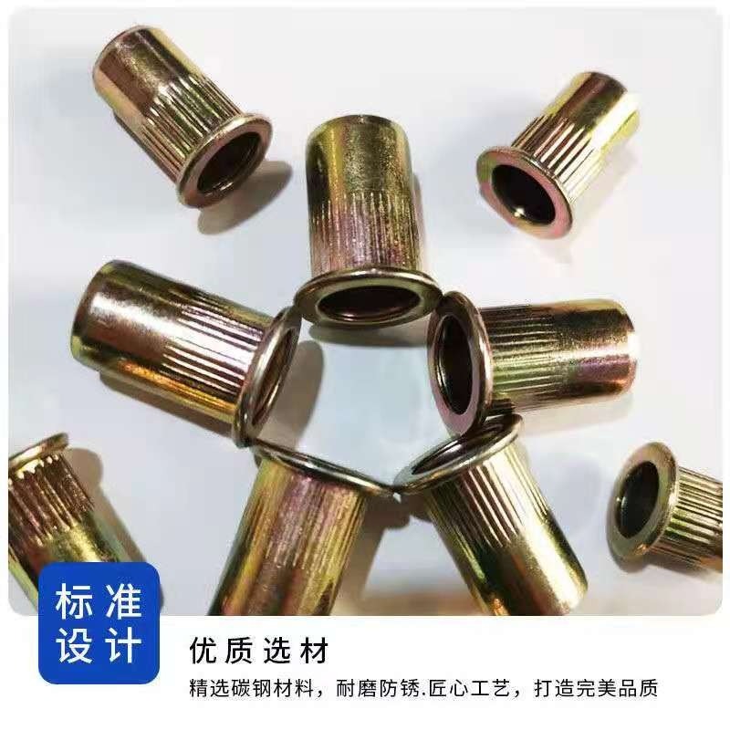 平頭豎紋鉚螺母拉鉚螺母鐵鍍彩鋅大邊滾花拉帽普彩平頭豎條紋螺母-細節圖3