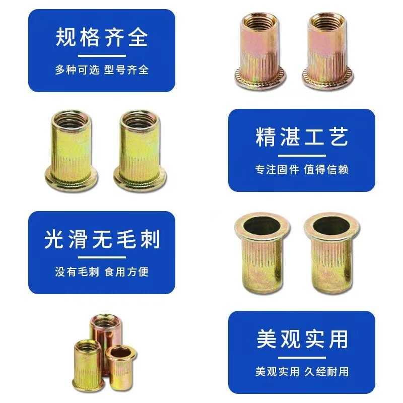 平頭豎紋鉚螺母拉鉚螺母鐵鍍彩鋅大邊滾花拉帽普彩平頭豎條紋螺母-細節圖4