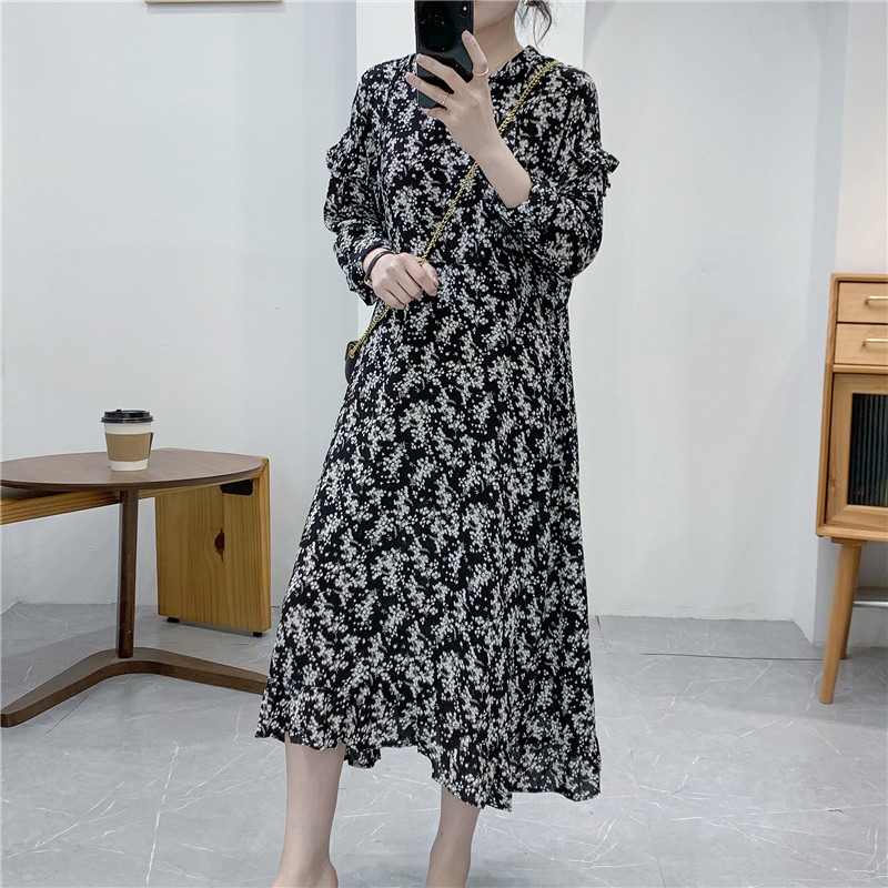 惠衣閣春夏女長袖連衣裙連帽長裙韓版甜美碎花高腰中長裙淑女裙-細節圖7
