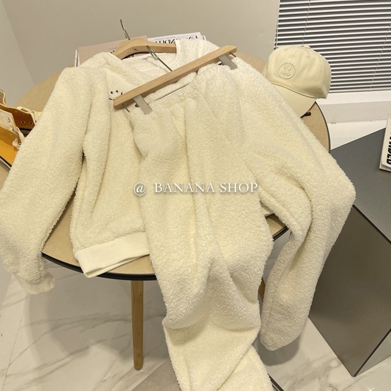 香蕉芭那那 女裝刺繡笑臉睡衣加絨闊腿褲套裝女顆粒絨圓領兩件套-細節圖3