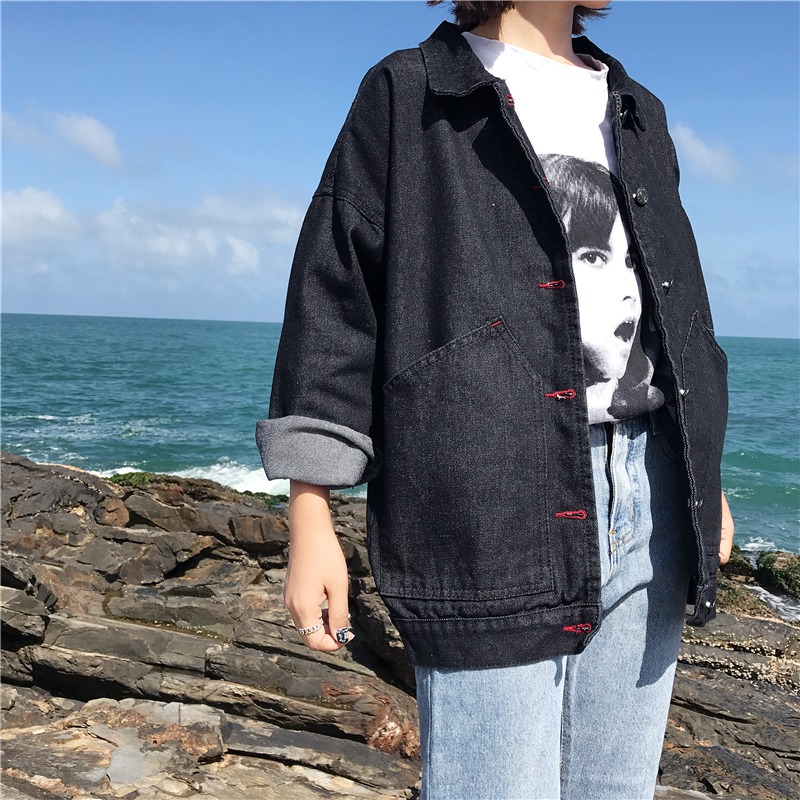 2019春秋裝新款女裝韓版黑色牛仔外套女寬松BF風大碼長袖短款夾克-細節圖2