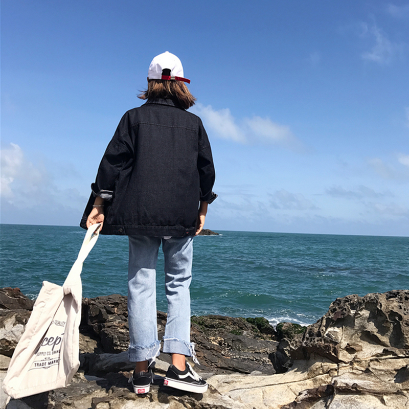 2019春秋裝新款女裝韓版黑色牛仔外套女寬松BF風大碼長袖短款夾克-細節圖4