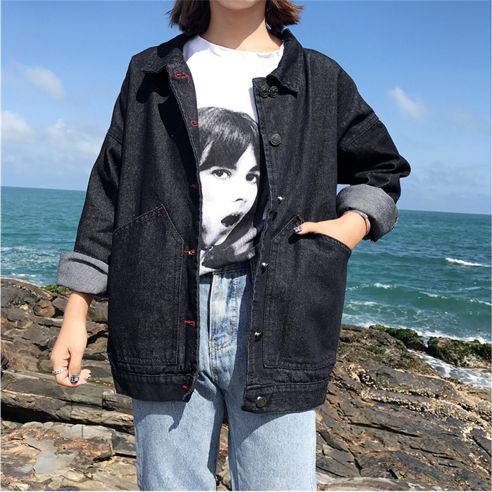 2019春秋裝新款女裝韓版黑色牛仔外套女寬松BF風大碼長袖短款夾克-細節圖7