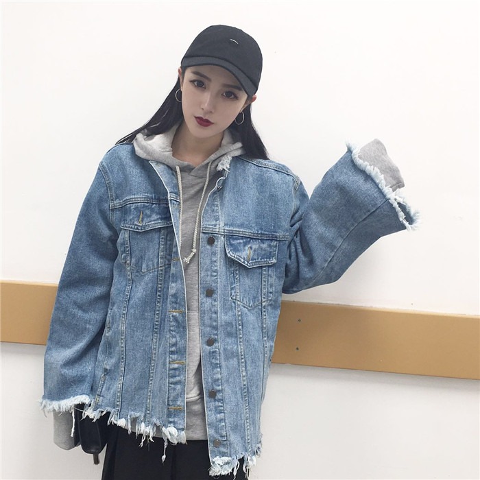 秋裝女裝韓版原宿復古毛邊bf寬松牛仔夾克外套學生破洞做舊上衣潮-細節圖2