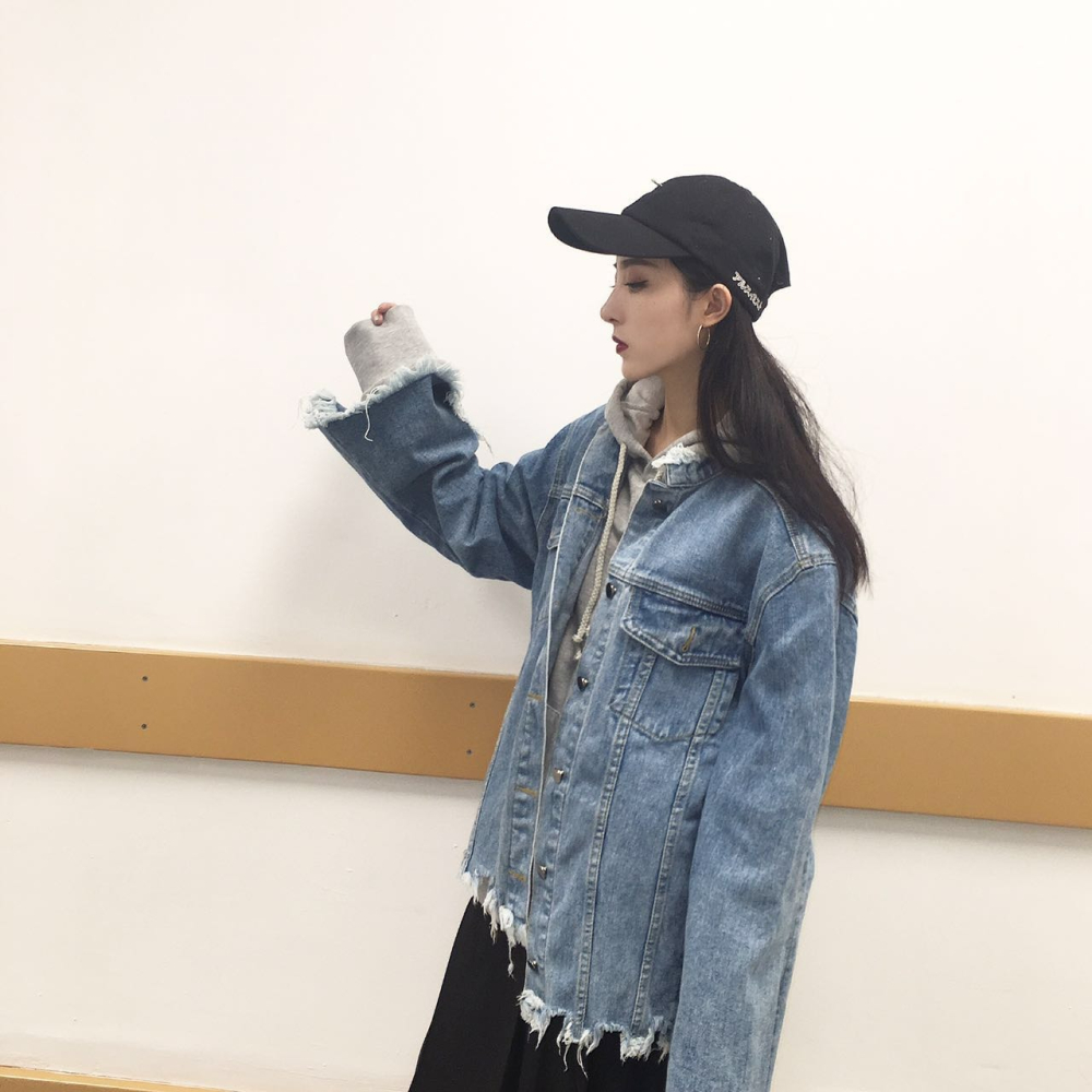 秋裝女裝韓版原宿復古毛邊bf寬松牛仔夾克外套學生破洞做舊上衣潮-細節圖3