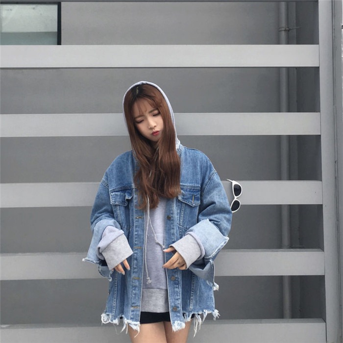 秋裝女裝韓版原宿復古毛邊bf寬松牛仔夾克外套學生破洞做舊上衣潮-細節圖4