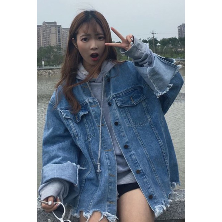 秋裝女裝韓版原宿復古毛邊bf寬松牛仔夾克外套學生破洞做舊上衣潮-細節圖6