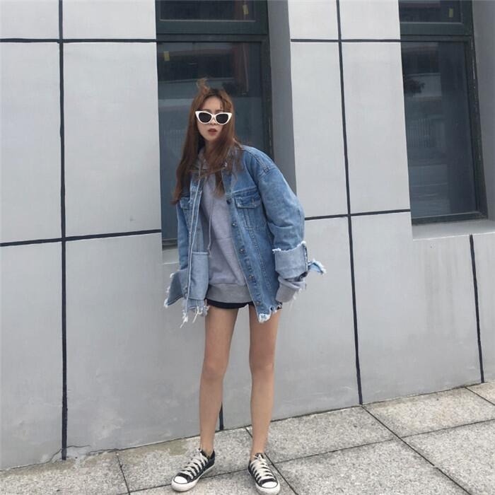 秋裝女裝韓版原宿復古毛邊bf寬松牛仔夾克外套學生破洞做舊上衣潮-細節圖7