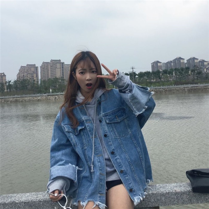 秋裝女裝韓版原宿復古毛邊bf寬松牛仔夾克外套學生破洞做舊上衣潮-細節圖8