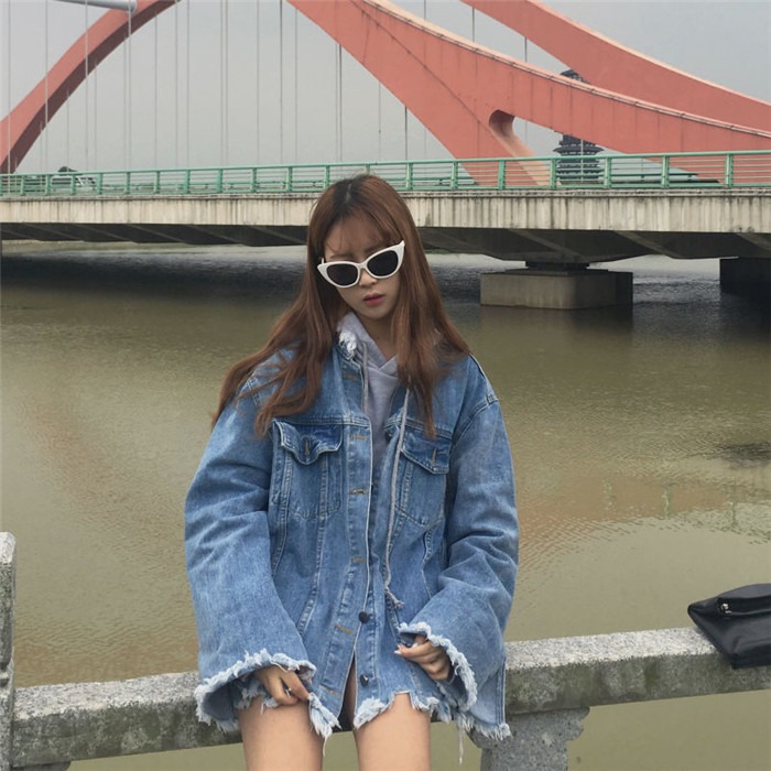 秋裝女裝韓版原宿復古毛邊bf寬松牛仔夾克外套學生破洞做舊上衣潮-細節圖9