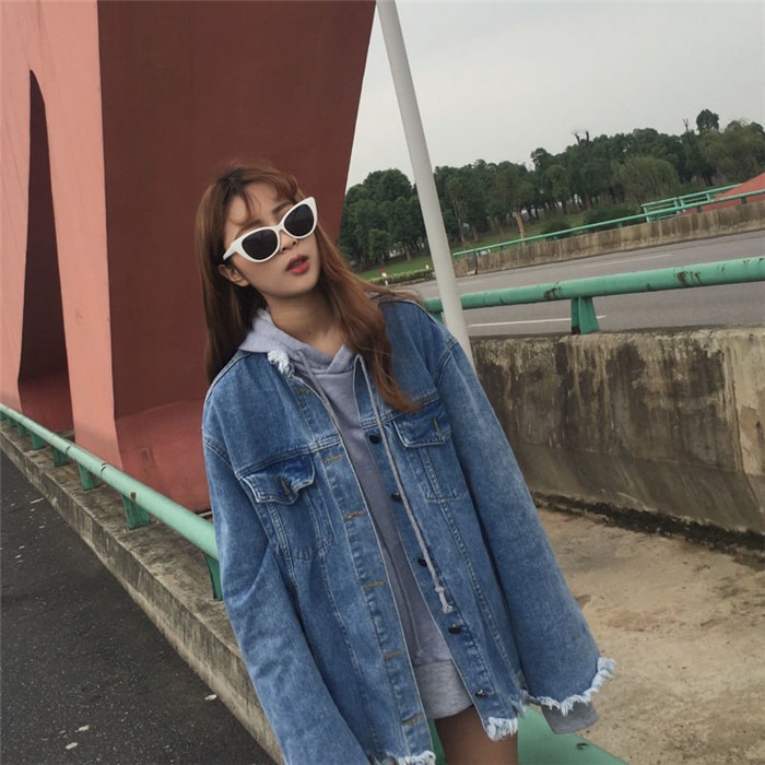 秋裝女裝韓版原宿復古毛邊bf寬松牛仔夾克外套學生破洞做舊上衣潮-細節圖10