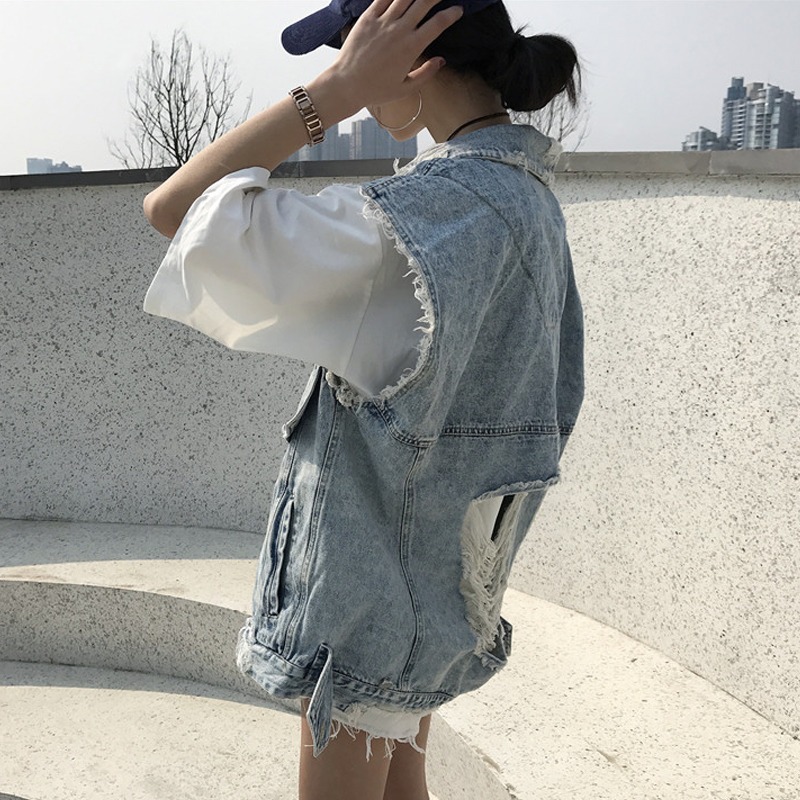春夏新款女裝韓版復古chic百搭大破洞水洗乞丐牛仔褂無袖馬甲學生-細節圖2