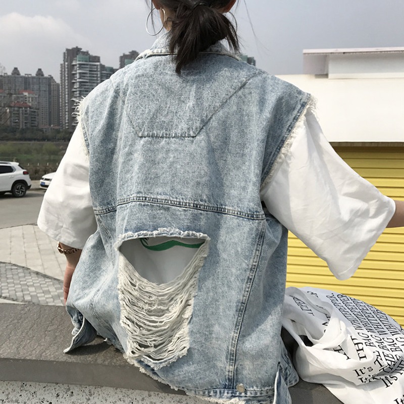 春夏新款女裝韓版復古chic百搭大破洞水洗乞丐牛仔褂無袖馬甲學生-細節圖3