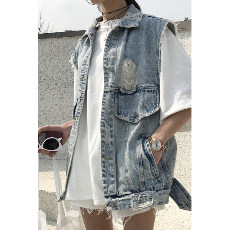春夏新款女裝韓版復古chic百搭大破洞水洗乞丐牛仔褂無袖馬甲學生-細節圖5