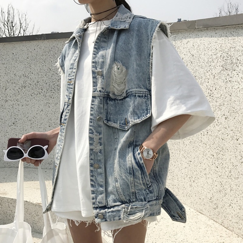 春夏新款女裝韓版復古chic百搭大破洞水洗乞丐牛仔褂無袖馬甲學生-細節圖6