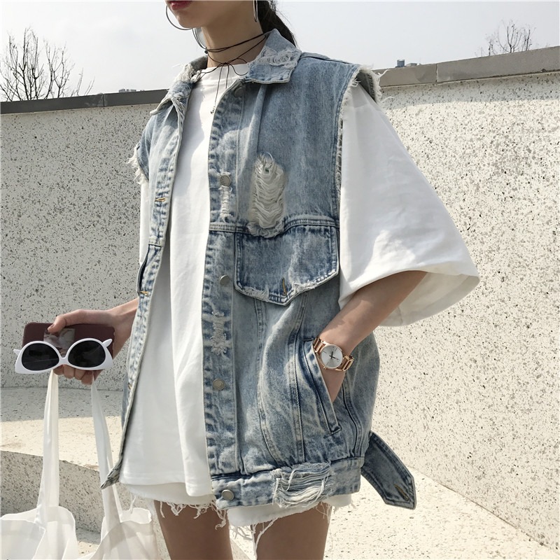 春夏新款女裝韓版復古chic百搭大破洞水洗乞丐牛仔褂無袖馬甲學生-細節圖8