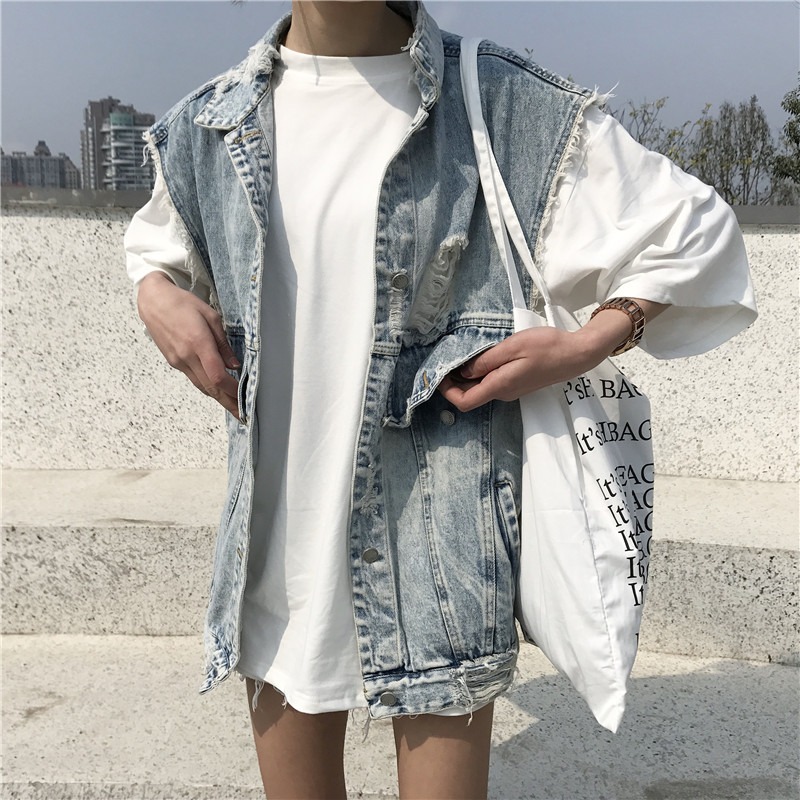 春夏新款女裝韓版復古chic百搭大破洞水洗乞丐牛仔褂無袖馬甲學生-細節圖9