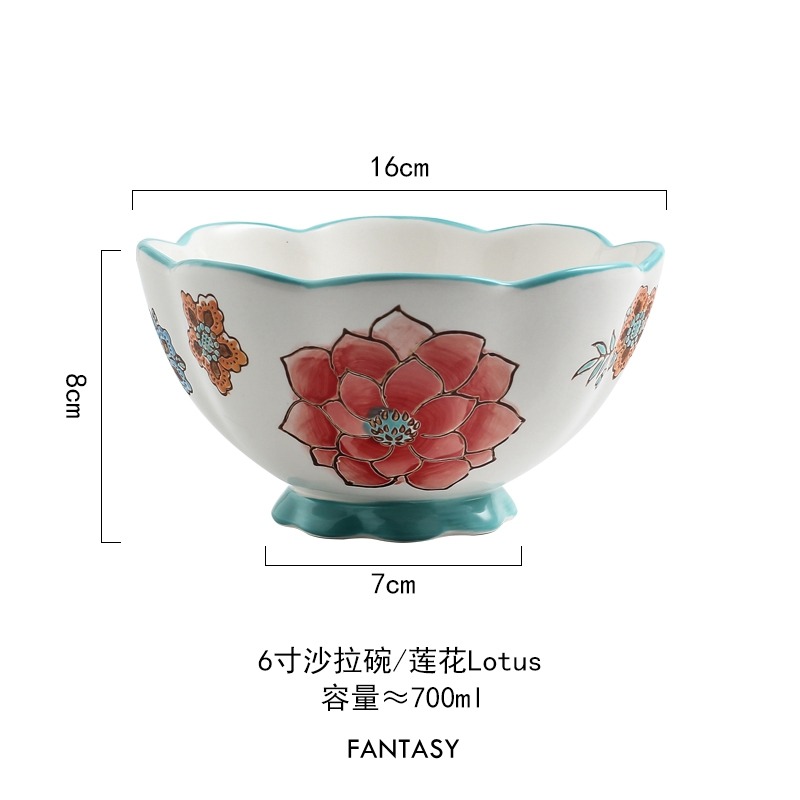 手繪釉下彩歐美陶瓷大號大碗沙拉碗家用出口外貿陶瓷碗健康碗-細節圖7
