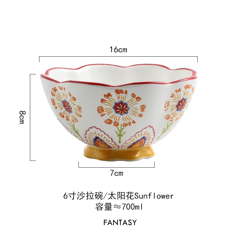 手繪釉下彩歐美陶瓷大號大碗沙拉碗家用出口外貿陶瓷碗健康碗-細節圖8