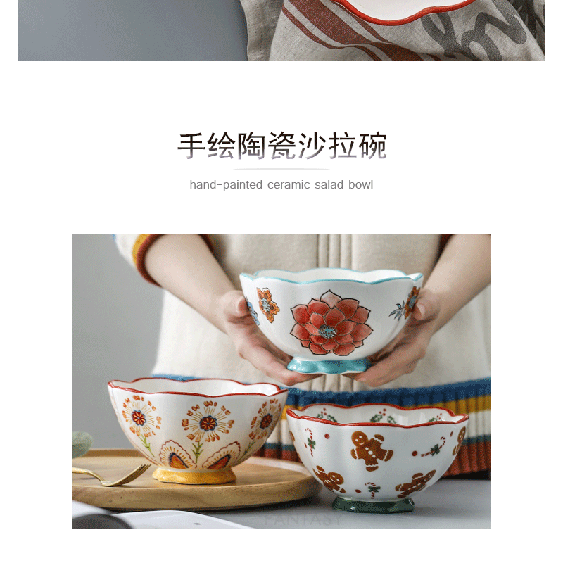 手繪釉下彩歐美陶瓷大號大碗沙拉碗家用出口外貿陶瓷碗健康碗-細節圖10