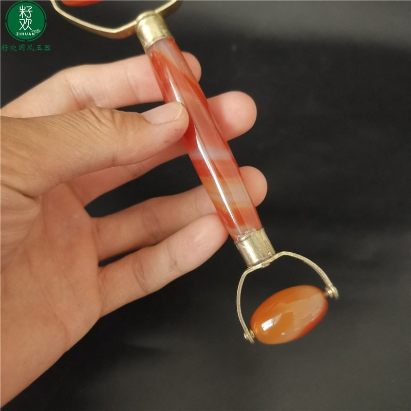 天然玉石紅瑪瑙面部瘦臉小滾輪式美容臉部手動眼部雙頭按摩儀器棒-細節圖3