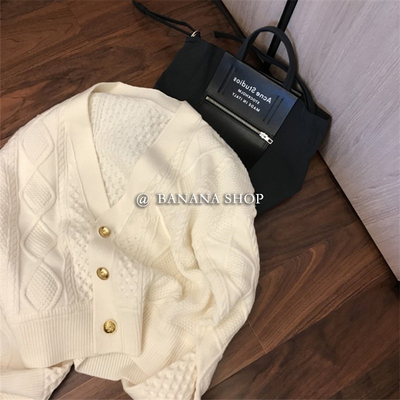 香蕉芭那那 復古V領金扣~麻花紋奶奶寬松長袖毛衣開衫外套女初秋-細節圖2
