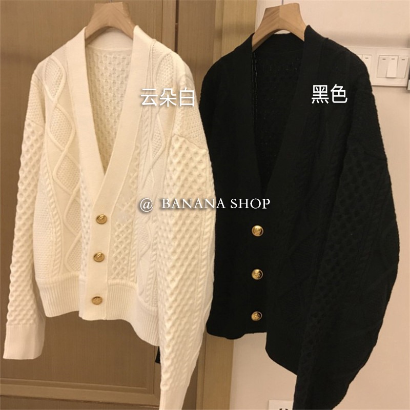 香蕉芭那那 復古V領金扣~麻花紋奶奶寬松長袖毛衣開衫外套女初秋-細節圖5