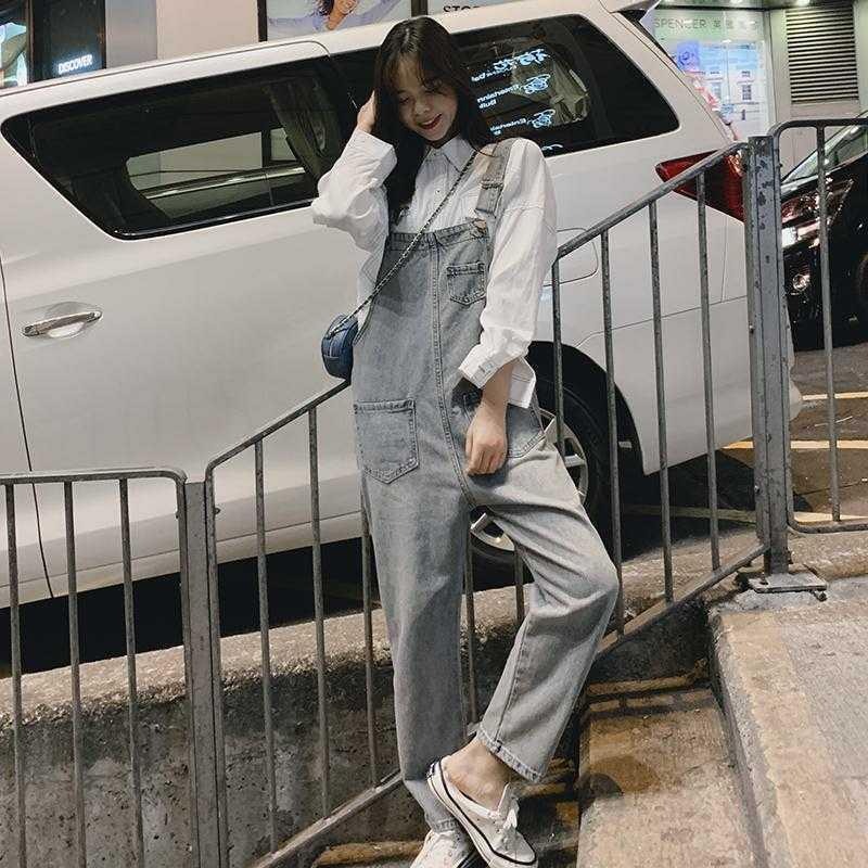 牛仔背帶褲女春季新款學生韓版寬松高腰破洞顯瘦百搭闊腳褲子-細節圖2