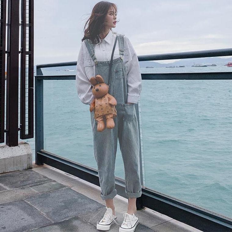 牛仔背帶褲女春季新款學生韓版寬松高腰破洞顯瘦百搭闊腳褲子-細節圖7