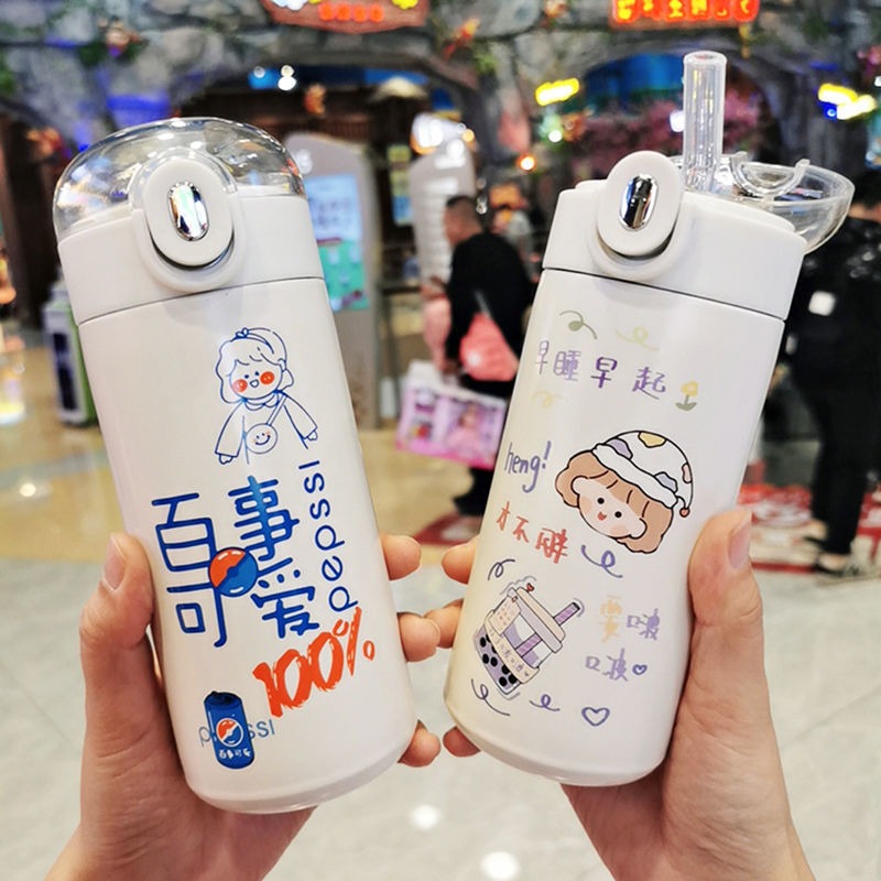 保溫杯少女心ins可愛吸管韓式水杯帶提繩牛奶便攜學生杯子日系-細節圖2