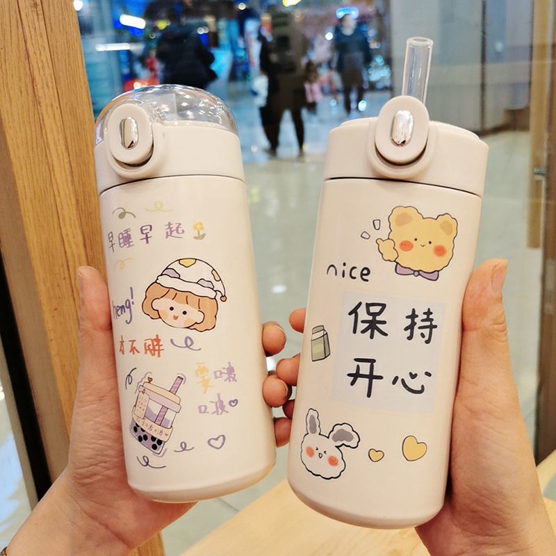 保溫杯少女心ins可愛吸管韓式水杯帶提繩牛奶便攜學生杯子日系-細節圖3