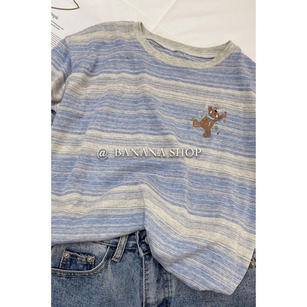 香蕉芭那那 夏季條紋小熊刺繡t恤女新款韓版寬松短袖上衣女ins潮-細節圖5