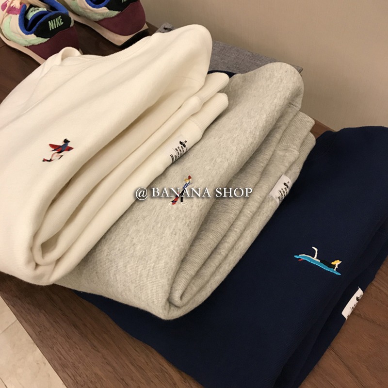香蕉芭那那2021初秋新款滑板小人刺繡純色寬松加絨圓領長袖衛衣女-細節圖4